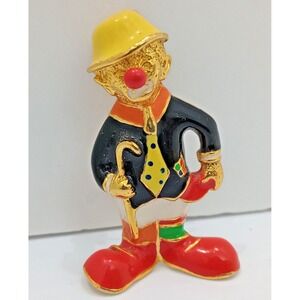 Vintage Clown Brooch Enamel Gold Tone Figural Circus Pin 1 1/2 Inch